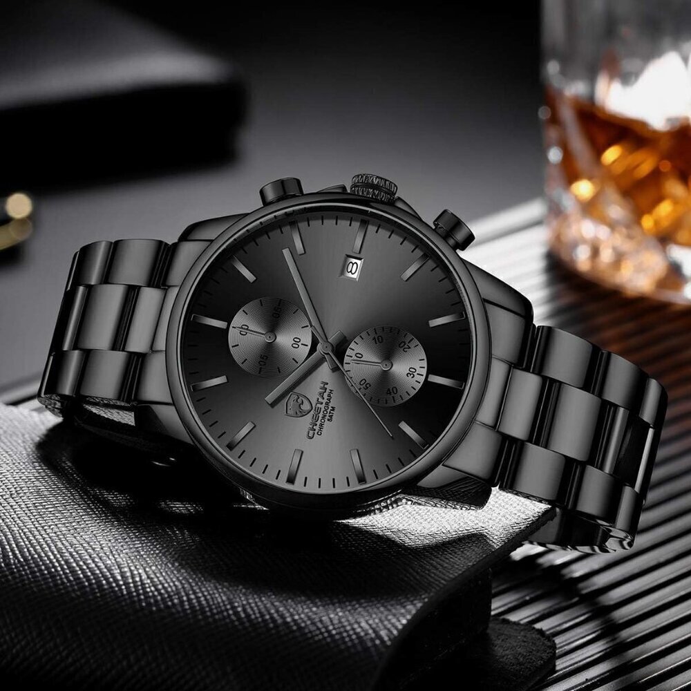 GOLDEN HOUR Men's Black Stainless Steel Chronograph Quartz Watch Waterproof - Picture 6 of 8